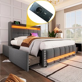 Łóżko z szufladami 140 x 200 cm - Szary len - Tapicerowane łóżko z oświetleniem LED i portem USB - 4 szuflady - bez materaca