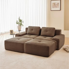 Modułowa Sofa Narożna w Welurze żebrowanym, z 2 pufami i 2 poduszkami, 204x177x69cm, Brązowy