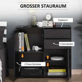 HOMCOM Kredens Komoda Kredens, 2 Szuflady, 2 Szafki, 105 cm x 40 cm x 76 cm, Czarny