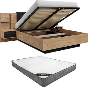 Łóżko ze skrzynią i szafkami nocnymi 160 x 200 cm - Z oświetleniem LED - Kolor: Naturalny i antracyt + Materac - ELYNIA