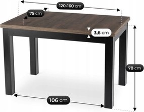 Loftowy stół rozkładany Skubi 120-160 cm, orzech/czarny