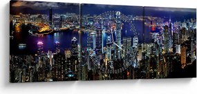 Obraz drapaczy chmur w nocy (z zegarem) (90x30 cm)
