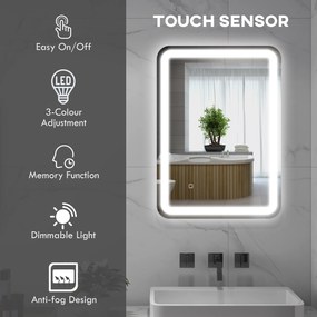 HOMCOM Lustro łazienkowe z oświetleniem LED, kontrola dotykowa, przeciwmgielne, z możliwością ściemniania, 3 kolory światła, 50x70, Srebrny