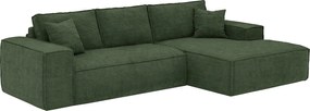 Kanapa narożna prawostronna rozkładana typu express ze sztruksowego weluru w kolorze butelkowej zieleni - pow. spania 140 cm - Materac 13 cm z pianką memory - AMELIA
