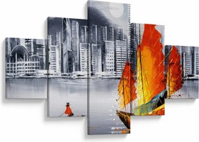 Obraz - Victoria Harbor, Hongkong, czarno-biały obraz olejny (125x70 cm)