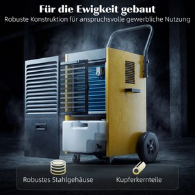 DURHAND Przemysłowy osuszacz powietrza 70L/dzień z kołami i uchwytem, wężem odpływowym, timerem 24-godzinnym, zbiornikiem 5,5L, żółty | Aosom PL