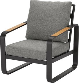 Czarny aluminiowy fotel ogrodowy z szarymi poduszkami