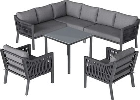 Zestaw mebli ogrodowych na 8 osób, w skład którego wchodzi 1 stół jadalny, 2 fotele i 1 narożnik - Stal ocynkowana - Szara