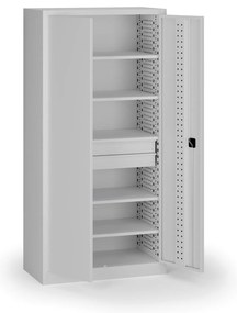 Szafa warsztatowa, 5 półek + 2 szuflady, 1950 × 950 × 500 mm, szare drzwi