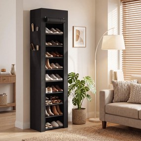 HOMCOM Regał na buty z metalu z materiałowym pokryciem chroniącym przed kurzem, do 20 par butów, 45 x 30 x 175 cm, Czarny | Aosom PL