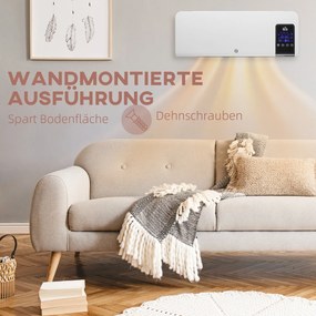 HOMCOM Grzałka Elektryczna, Montaż na Ścianie, Funkcja Oscylacji, 2 Tryby, Timer, Wyświetlacz LED, Biała
