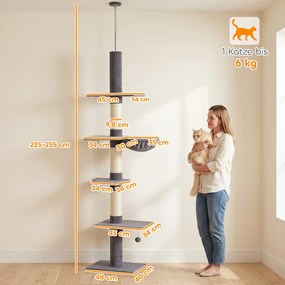 PawHut Drapak sufitowy 225–255 cm regulowany Drapak dla kota z 5 poziomami 3 słupkami z sizalu, hamak, platformy | Aosom PL
