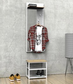 Wiszący wieszak na ubrania z półką i lustrem Loft LL1, biały/dąb wotan