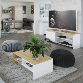 Ława Drewniana Prostokątna do Salonu HAVEN 90 cm Biały/Dąb Wotan Nowoczesna