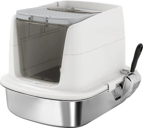 PawHut Toaleta dla kotów ze stali nierdzewnej, zamknięta toaleta z szufelką i workiem na zapachy, z wejściem i wyjściem