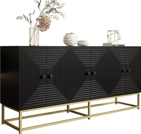 Nowoczesna komoda z 3 podwójnymi drzwiami - 160 x 38 x 75,5 cm - na złotych nogach - płyta wiórowa - czarna