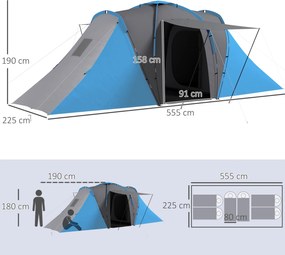 Outsunny Namiot tunelowy, wodoodporny 2000 mm, namiot kempingowy dla 4-6 osób z 2 sypialniami i torbą transportową, szaro-niebieski | Aosom PL
