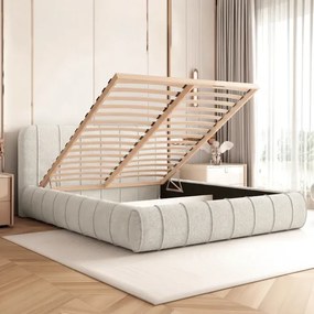 Łóżko Tapicerowane Slim 160x200 cm DAVEN z Pojemnikiem Kremowe Boucle Glamour