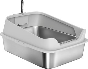 PawHut Kuweta ze stali nierdzewnej otwarta z łopatką, wysokie ścianki dla dużych kotów do 12 kg, 69,8 x 50,3 x 29,8 cm, Szara | Aosom PL