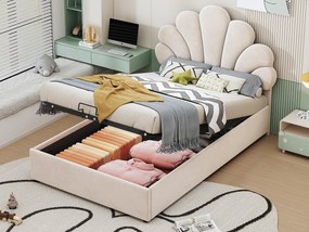 Łóżko z tapicerowanym welurowym zagłówkiem - 90x200cm - zagłówek w kształcie kwiatu - z stelażem na listwy - Beżowe