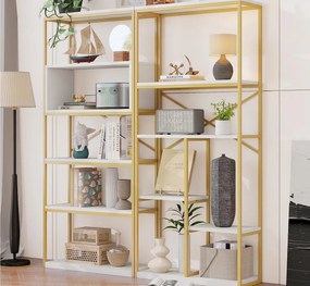 Nowoczesna półka 160x29,5x180 cm - Półki na kilku poziomach - Konstrukcja z rur stalowych i MDF - Kształt prostokątny - Złoty i biały