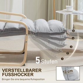 HOMCOM Fotel z laminowanej brzozy, tapicerowany fotel z regulowaną podnóżką, nowoczesny fotel z podłokietnikami, Jasnoszary