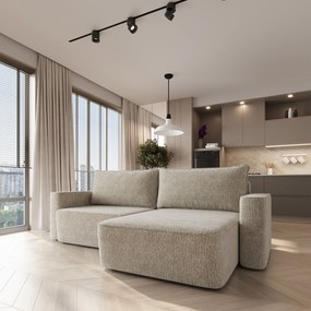 Masseno Narożnik BELISE z funkcją spania i pojemnikiem na pościel Narozniki L, Rozkładana sofa - Kremowy, BELLA 05