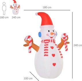 HOMCOM 2,4 m nadmuchiwany bałwan z obrotowym oświetleniem wewnętrzna i zewnętrzna dekoracja bożonarodzeniowa ogród dekoracja trawnika impreza biały+czerwony 180 x 100 x 240 cm