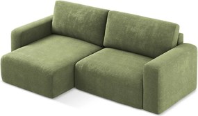 Zielony rozkładany/ze schowkiem narożnik z tkaniny szenilowej (lewostronny/z szezlongiem) Kona – Makamii