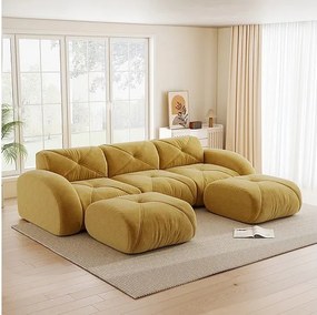 Canapé d'angle 3 places modulable en tissu chenille, avec 2 pouf, 281x171x76cm, Jaune