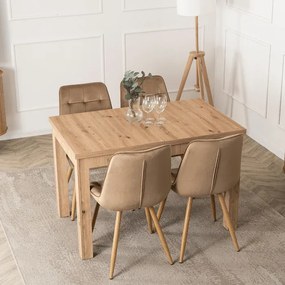 Zestaw Stół Prostokątny Rozkładany SKUBI 120-160 cm Dąb Artisan i 4 Krzesła Tapicerowane RODRI Beżowe Welurowe Nowoczesne