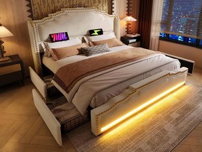 Łóżko podwójne tapicerowane 160x200cm - z 4 szufladami - z LED i portami ładowania - Beżowe