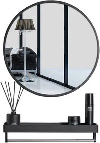 Czarne okrągłe lustro 80 cm z półką do łazienki L0-P29