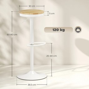 HOMCOM Stołki barowe 2 szt., regulowane, obrotowe 360° z ramą stalową i podnóżkiem 38,5x38,5x60-80 cm Drewno naturalne+Biały | Aosom PL