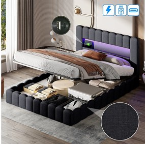 Łóżko podwójne 180x200 cm szare z lnu z hydraulicznym schowkiem, wielokolorowym oświetleniem LED i wbudowanymi portami USB, styl nowoczesny design