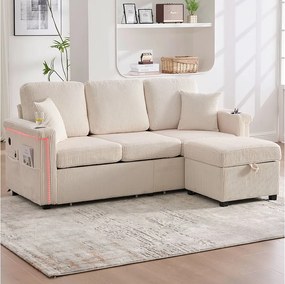 Sofa 3-osobowa z beżowego sztruksu z LED i USB, podnóżkiem ze schowkiem i 2 szufladami