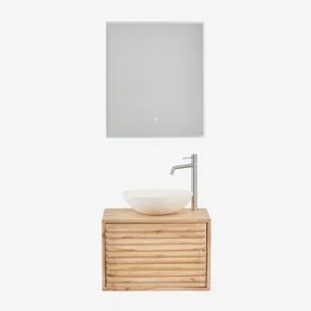 Zestaw Wiszących Mebli Łazienkowych 60x45 Cm Z Drewna Deleyna Naturalna & Cement Okrągły Biały Ø40 Cm Zavion & Prostokątna Lampa Led I Przeciwmgielna