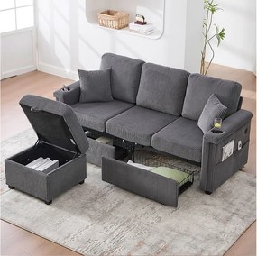 Ciemnoszara sofa 4-osobowa - Sofa narożna z oświetleniem LED i podnóżkiem ze schowkiem - uchwyt na kubek i boczne kieszenie - sztruks