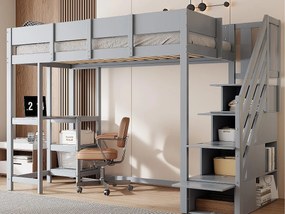 Łóżko antresolowe dziecięce 90×200 cm - z drabiną ze schowkiem - z biurkiem - szare (materac nie jest dołączony)