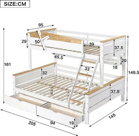Łóżka piętrowe 2 x 90 x 200 cm + łóżko wysuwane 90 x 190 cm - z 2 dużymi szufladami i zagłówkiem - sosna + MDF - kolor: biały + naturalny