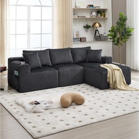 Narożnik z uchwytem na kubek - 3-osobowa sofa z pięcioma poduszkami i kieszeniami bocznymi - szary sztruks