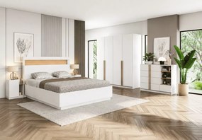 Łóżko drewniane Chelly 160x200 białe dąb cremona dwuosobowe z zagłówkiem nowoczesne do sypialni
