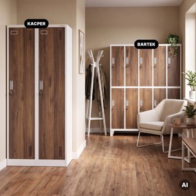 Szafka ubraniowa pracownicza czterokomorowa biała/orzech, 800x1800x500 mm: KACPER Eco Design