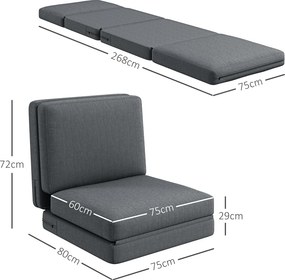 HOMCOM Składany Fotel Podłogowy z Poduszkami, Wandelbar Sofa Podłogowa, do Salonu, Pokoju Gościnnego, Biura, 75 x 268 x 18 cm, Ciemnoszary