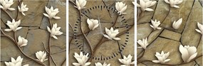 Obraz - Białe magnolie na murze kamiennym (z zegarem) (90x30 cm)