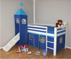 Łóżko piętrowe dla dzieci 208x110x97 cm białe z niebieską zasłoną, łóżko typu loft, kabina