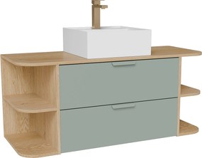 Wisząca szafka łazienkowa z wnękami, nablatową umywalką kwadratową i baterią – Zielony migdałowy i jasny naturalny – szer. 120 cm – AVORELI