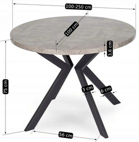 Stół Okrągły Rozkładany LUKAS 100-250 cm Beton Nowoczesny Loft