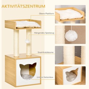 PawHut Cat House Zabawka Pet Ball Zdejmowany Aksamitny Poliester Sizal Dąb 35x35x81cm | Aosom PL