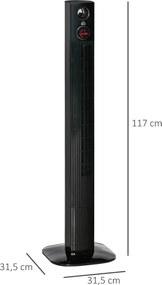 HOMCOM wentylator wieżowy, stojący, dyfuzor zapachowy, z pilotem, 3 poziomy wentylacji, 45W 70° oscylacja czarny 31,5x31,5x117 cm